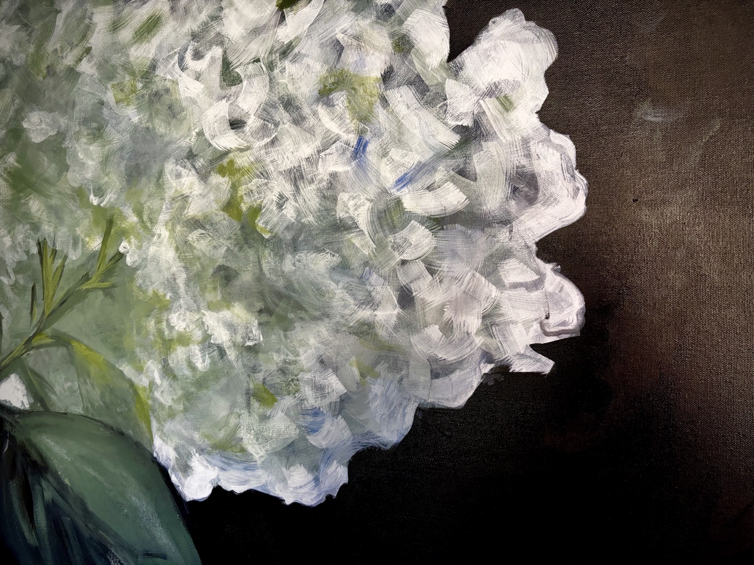 Close-up of brushwork in Rabekah’s white hydrangea painting