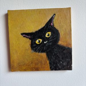 Black cat — original painting by Rabekah, 5 × 5 inches